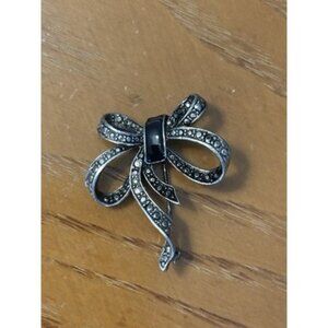 Vintage Bow Brooch Pin 1.5 In Antiqued Silver Marcasite Detailing Bling Glam